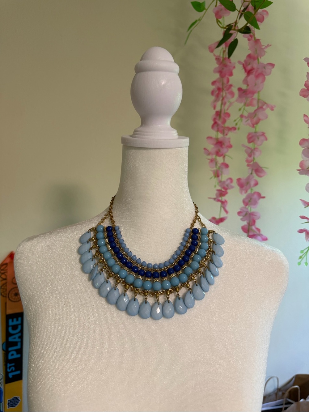 Gold-Accent Light Blue & Navy Beaded Statement Necklace